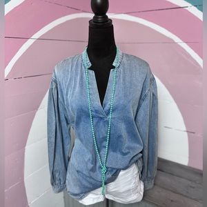 Boutique Brand Chambray Split V-Neck Balloon Sleeve Denim Top 💗